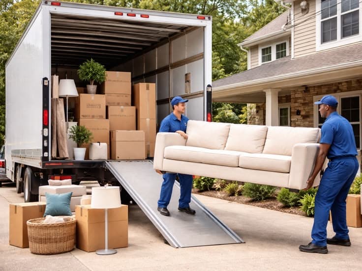 Chargement de cartons et d'un canapé dans un camion de déménagement