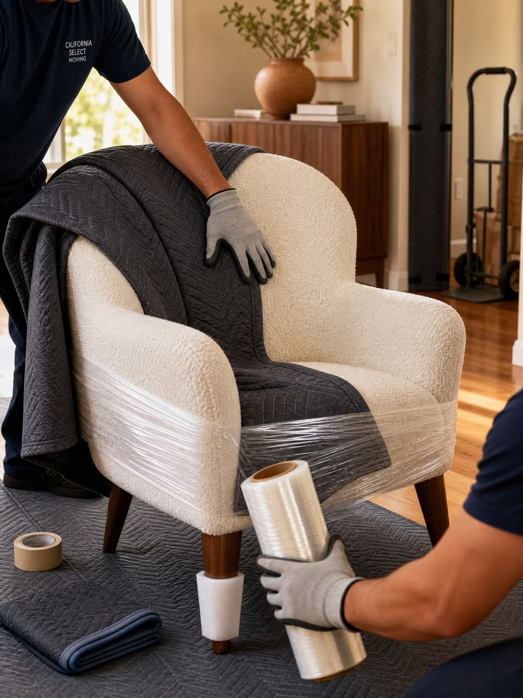 Déménageurs protégeant un fauteuil avec une couverture et du film