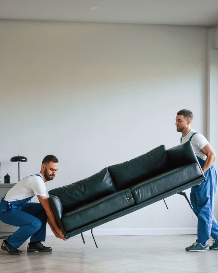 Deux déménageurs soulèvent un canapé en cuir