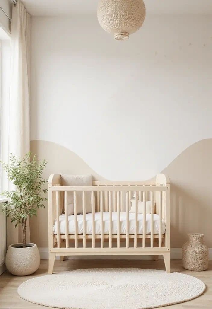 Chambre aux murs peints en blanc et beige, avec un motif de vagues