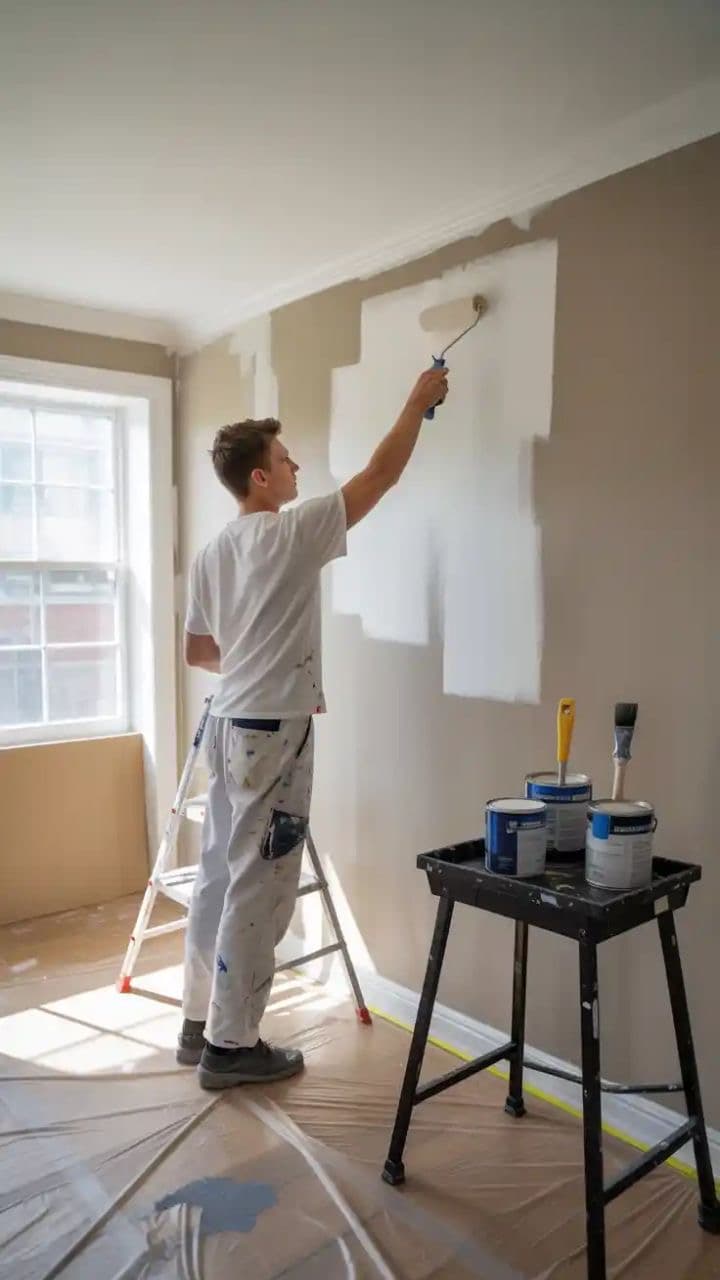 Peintre appliquant une couche de blanc au rouleau sur un mur beige