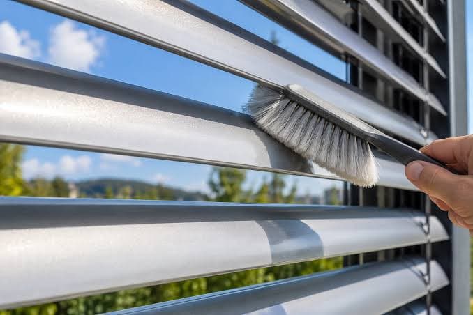 Brosse nettoyant une à une les lamelles métalliques d'un store extérieur