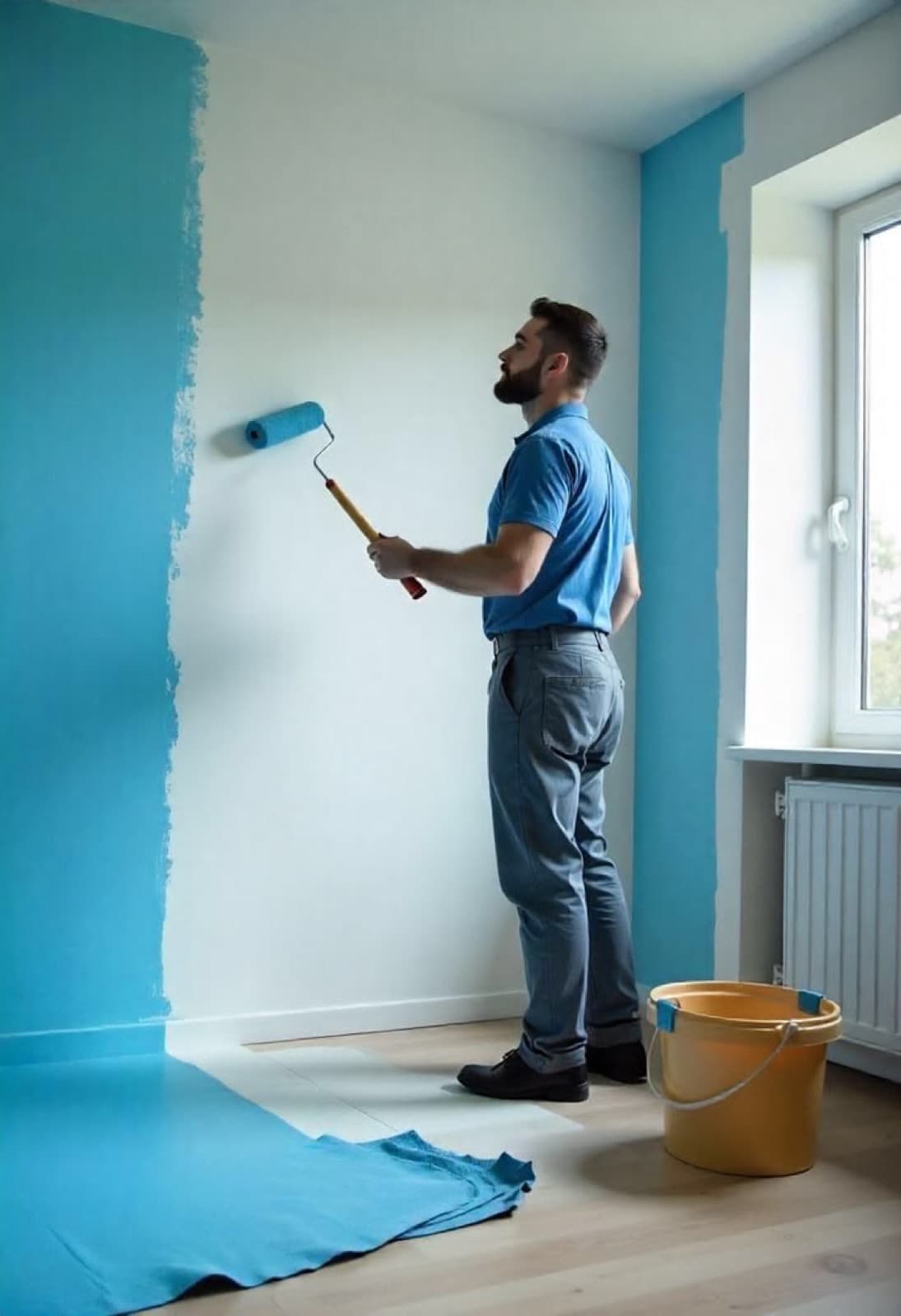 Mur repeint en bleu au rouleau dans un appartement lausannois, sol couvert d'une bâche