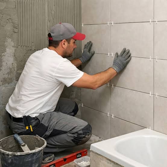 Carreleur posant de grands carreaux gris au mur d'une salle de bain, croisillons en place